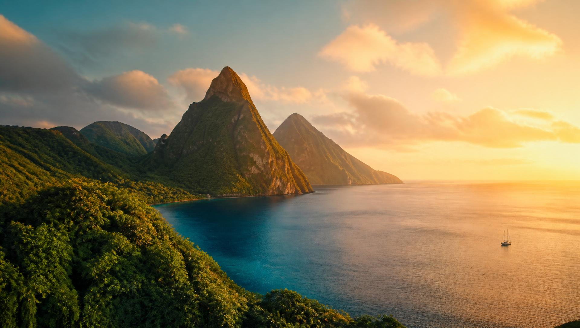 The Piton mountains of Saint Lucia rising above the Caribbean Sea at sunset